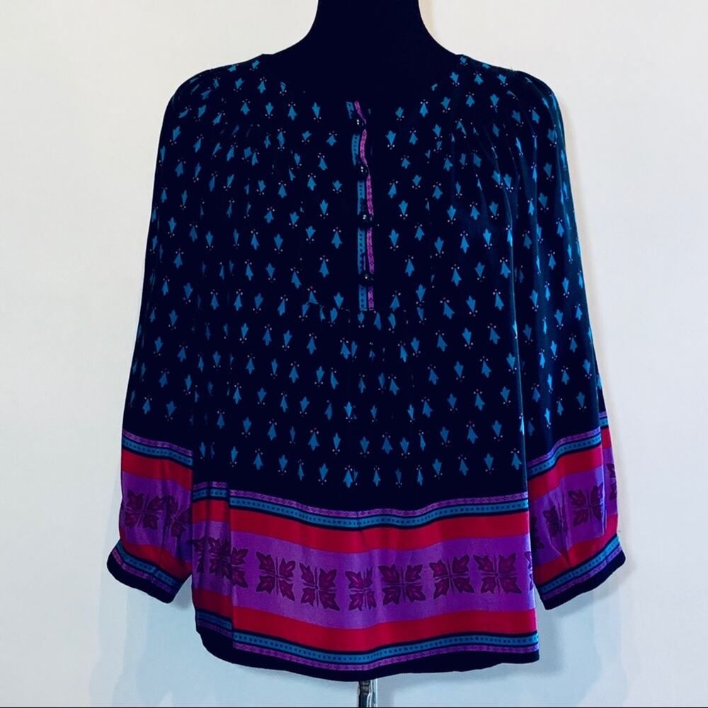 Anna Sui black blue purple mixed print silk popover peasant blouse size 6